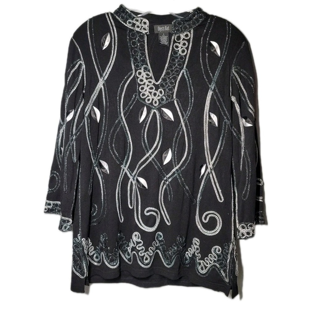 Objects D'art Womens Size Medium Black Blouse Embroidered V Neck